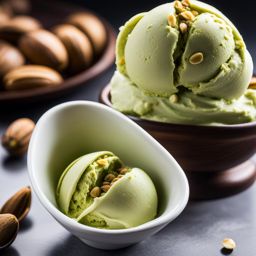 a scoop of velvety pistachio gelato, made with real pistachios for a nutty flavor. 