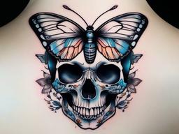 butterfly skull tattoo  simple color tattoo,white background,minimal