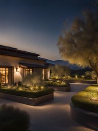 kagawa olive garden - illustrate a tranquil night scene at kagawa olive garden, with its beautifully lit olive trees and serene mediterranean-inspired landscapes. 