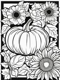 Pumpkin with Sunflowers Coloring Pages - Bright Sunflowers Around a Plump Pumpkin  minimal black outline printable sheet, coloring page