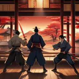 Feudal Japan dojo with skilled samurai dueling. anime, wallpaper, background, anime key visual, japanese manga