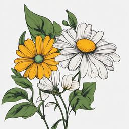 Daisy and Sweet Pea Flower Tattoo-Blending the charm of daisies with the sweetness of sweet pea flowers in a tattoo, expressing innocence and delicacy.  simple color tattoo,minimal vector art,white background