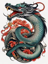 japanese dragon and snake tattoo  simple color tattoo,white background,minimal