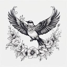 Bird Tattoo With Flowers - Bird adorned with flowers  minimal tattoo design, white background