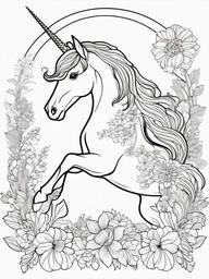 Unicorn and Flowers Coloring Pages - Floral Surroundings with a Magical Unicorn  minimal black outline printable sheet, coloring page