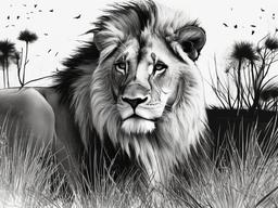 drawing of a lion in the savannah  minimal rough sketch scribbles,doodles,black and white