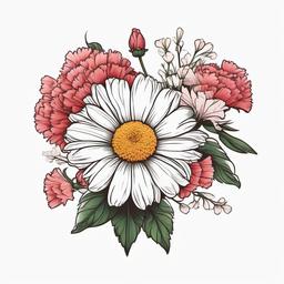 Daisy and Carnation Tattoo-Combination of the charm of daisies with the elegance of carnations in a floral tattoo, expressing love and positivity.  simple color tattoo,minimal vector art,white background