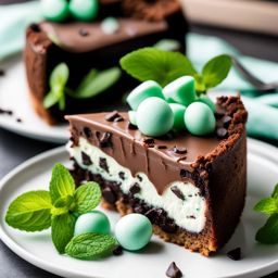 a slice of decadent mint chocolate chip cheesecake, with chocolate chunks and a minty twist. 