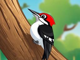 Woodpecker Cartoon - Cartoon of woodpecker on tree trunk  