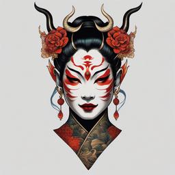 hannya woman tattoo  simple color tattoo,white background,minimal