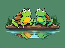 Frog and Turtle Friendship clipart - Frog and turtle friends by a pond, ,vector color clipart,minimal