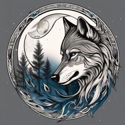 Tattoo Wolf and Moon,celestial partnership, wolf and the moon entwined in a celestial tattoo. , tattoo design, white clean background