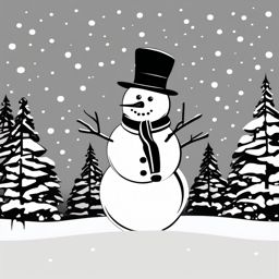 Snowman black and white in a winter wonderland clipart  simple, 2d flat