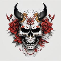 Hannya Skull Tattoo - Hannya mask and skull fusion in tattoo art.  simple color tattoo,white background,minimal