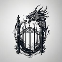 Dragon Gate Tattoo - Symbolic tattoo featuring a dragon guarding a gate.  simple color tattoo,minimalist,white background