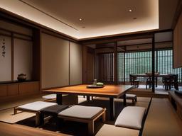 The dining room embodies Japanese Zen interior design with a simple wooden table, tatami mats, and subtle decor that invites mindfulness during meals.  