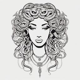 Medusa Line Art Tattoo - Embrace simplicity and elegance with a line art Medusa tattoo that highlights the contours and details of this mythical figure.  simple vector color tattoo,minimal,white background