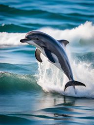 playful dolphin calf leaping out of the ocean waves. 