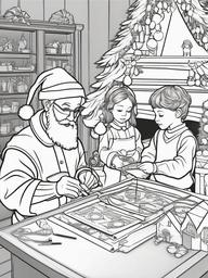 Santa's Workshop Coloring Pages - Elves Making Toys for Good Children  minimal black outline printable sheet, coloring page