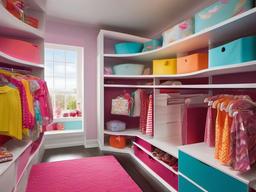 Candy Land walk-in closet features bright colors, whimsical storage solutions, and playful decor, creating a joyful and organized dressing space.  