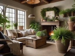 The garden room showcases rustic interior design with a mix of natural materials, potted plants, and rustic decor that brings warmth and beauty to indoor gardening.  