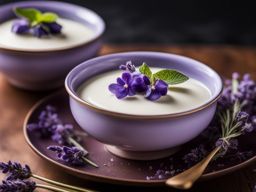individual serving of silky lavender panna cotta, garnished with fresh lavender blossoms. 