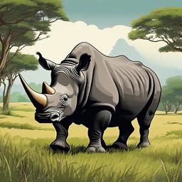 Rhinoceros cartoon - Rhinoceros walking through a grassy plain  