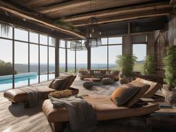 The pool area embraces Post-Apocalyptic interior design with rugged loungers, earthy decor, and an engaging atmosphere that creates an exciting space for summer enjoyment.  