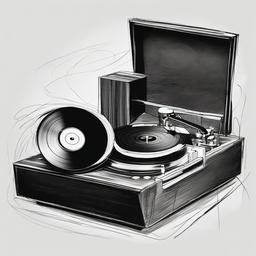 drawing of a record player spinning music  minimal rough sketch scribbles,doodles,black and white