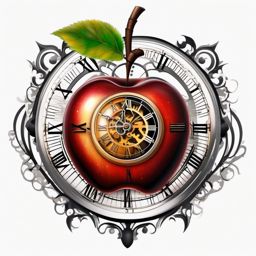 Clockwork apple tattoo. Mechanism of time.  color tattoo minimalist white background