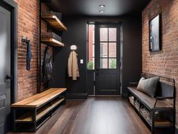 Industrial mudroom incorporates metal shelving, a wooden bench, and exposed brick walls, giving it a trendy urban vibe that enhances the overall entry experience.  