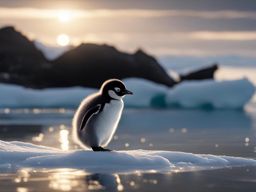 penguin chick waddling along an icy shoreline 8k ultrarealistic cinematic 