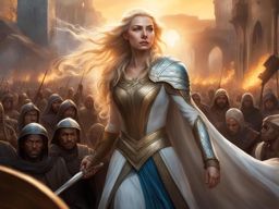 human paladin,galadriel ironheart,rallying a group of refugees to safety,a war-torn city hyperrealistic, intricately detailed, color depth,splash art, concept art, mid shot, sharp focus, dramatic, 2/3 face angle, side light, colorful background