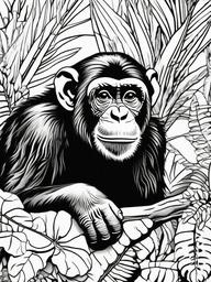 Chimpanzee Coloring Pages - Intelligent Jungle Primates  black outline printable coloring page