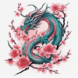 Dragon and Sakura Tattoo - Dragon and sakura fusion tattoo.  simple color tattoo,white background,minimal