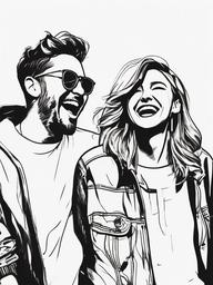 drawing of friends laughing together  minimal rough sketch scribbles,doodles,black and white