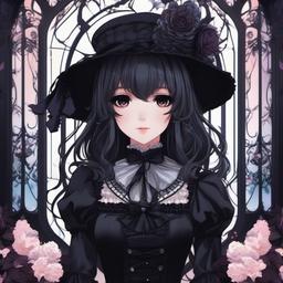 Gothic Lolita fashion-inspired anime girl in a dark fantasy setting.  front facing ,centered portrait shot, cute anime color style, pfp, full face visible