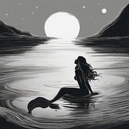 drawing of a mermaid in the moonlight  minimal rough sketch scribbles,doodles,black and white