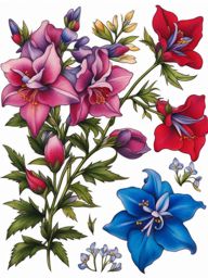 Larkspur tattoo, Tattoos inspired by the colorful and charming larkspur flower.  vivid colors, white background, tattoo design