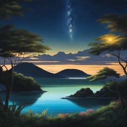 mikura island - create a serene night painting of mikura island, a remote paradise where bioluminescent waters and unique wildlife enchant visitors. 