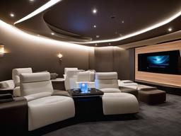 A media room designed with futuristic interior design features plush seating, state-of-the-art technology, and dynamic decor that enhances the cinematic experience in a modern context.  