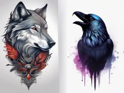 Wolf and Raven Tattoo,stunning tattoo combining the enigmatic wolf and the intelligent raven, fusion of mystique. , color tattoo design, white clean background