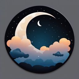 Moon and Clouds at Night Sticker - Crescent moon surrounded by nighttime clouds, ,vector color sticker art,minimal