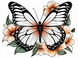 Butterfly resting on a blooming flower tattoo. Nature's serene embrace.  color tattoo, white background