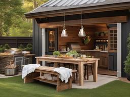 Farmhouse outdoor kitchen offers a large wooden dining table, a farmhouse sink, and rustic decor that create a warm and welcoming outdoor cooking space.  