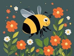 Bumblebee Clip Art - A bumblebee buzzing near flowers,  color vector clipart, minimal style