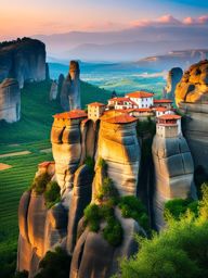 meteora, greece - paint the majestic monasteries of meteora perched atop towering rock formations, set against a celestial backdrop. 