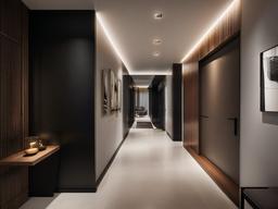 The hallway showcases urban modern interior design through sleek lighting, minimalist decor, and an open feel that creates an inviting passage.  