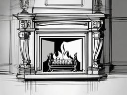 drawing of a fireplace with flames  minimal rough sketch scribbles,doodles,black and white