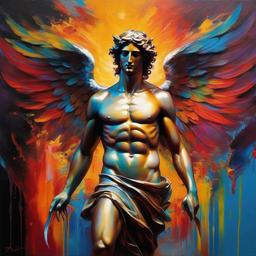 Greek God Eros with wings in dripping colorful painting  